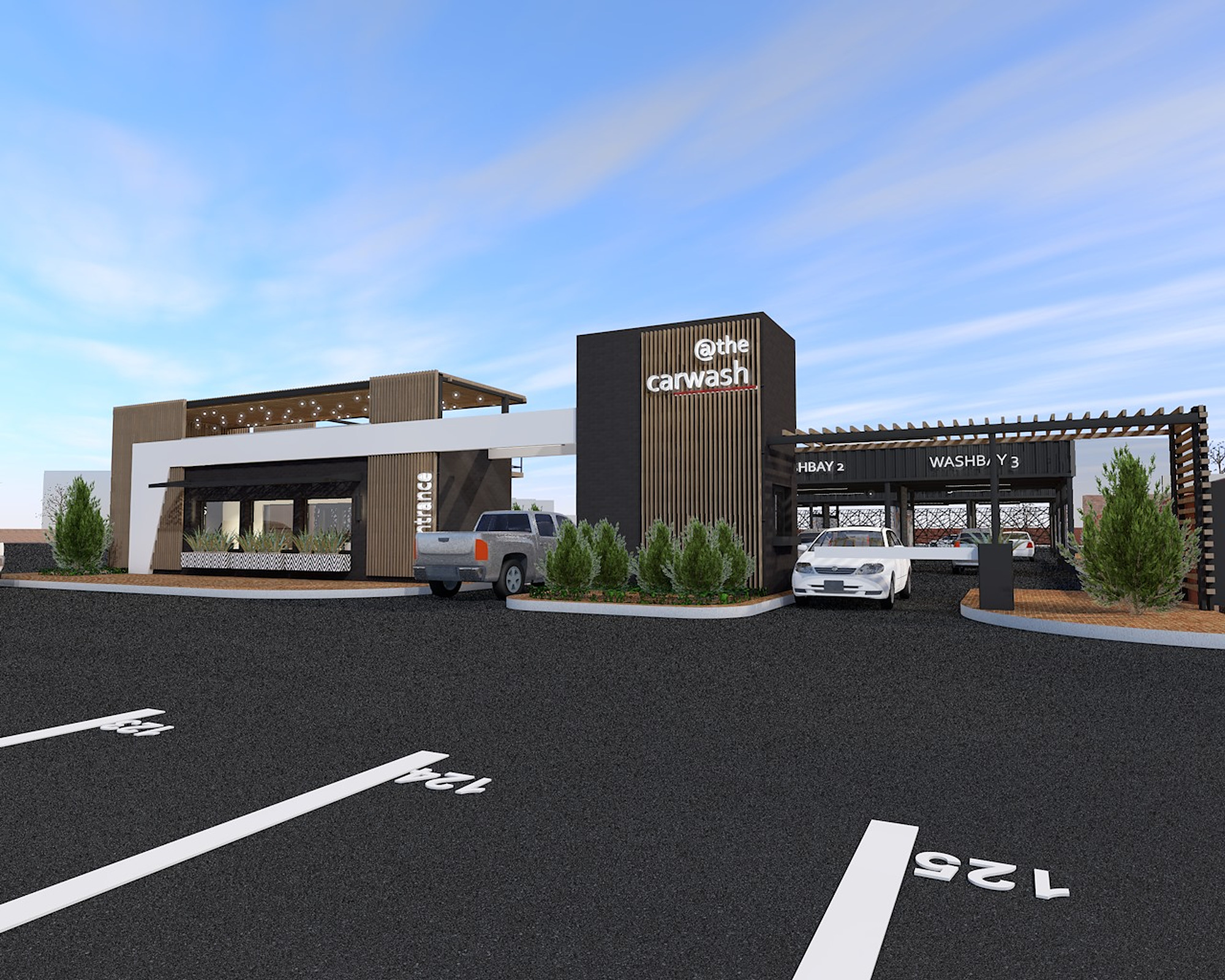 Artist's impression of the car wash at The Pines Crossing, with its timber-slatted tower and covered wash bays