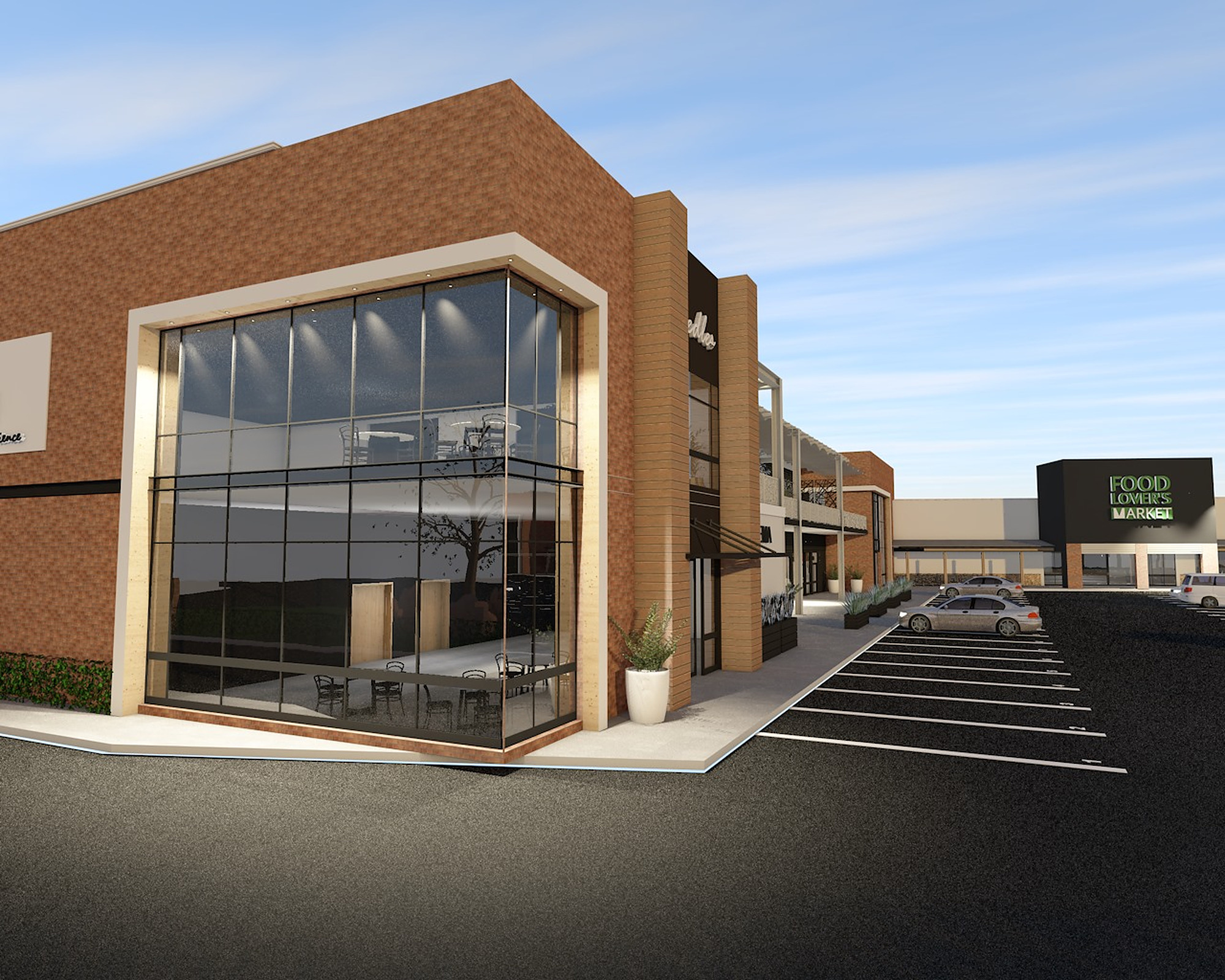 Artist's impression of a double-height glass corner shop at The Pines Crossing
