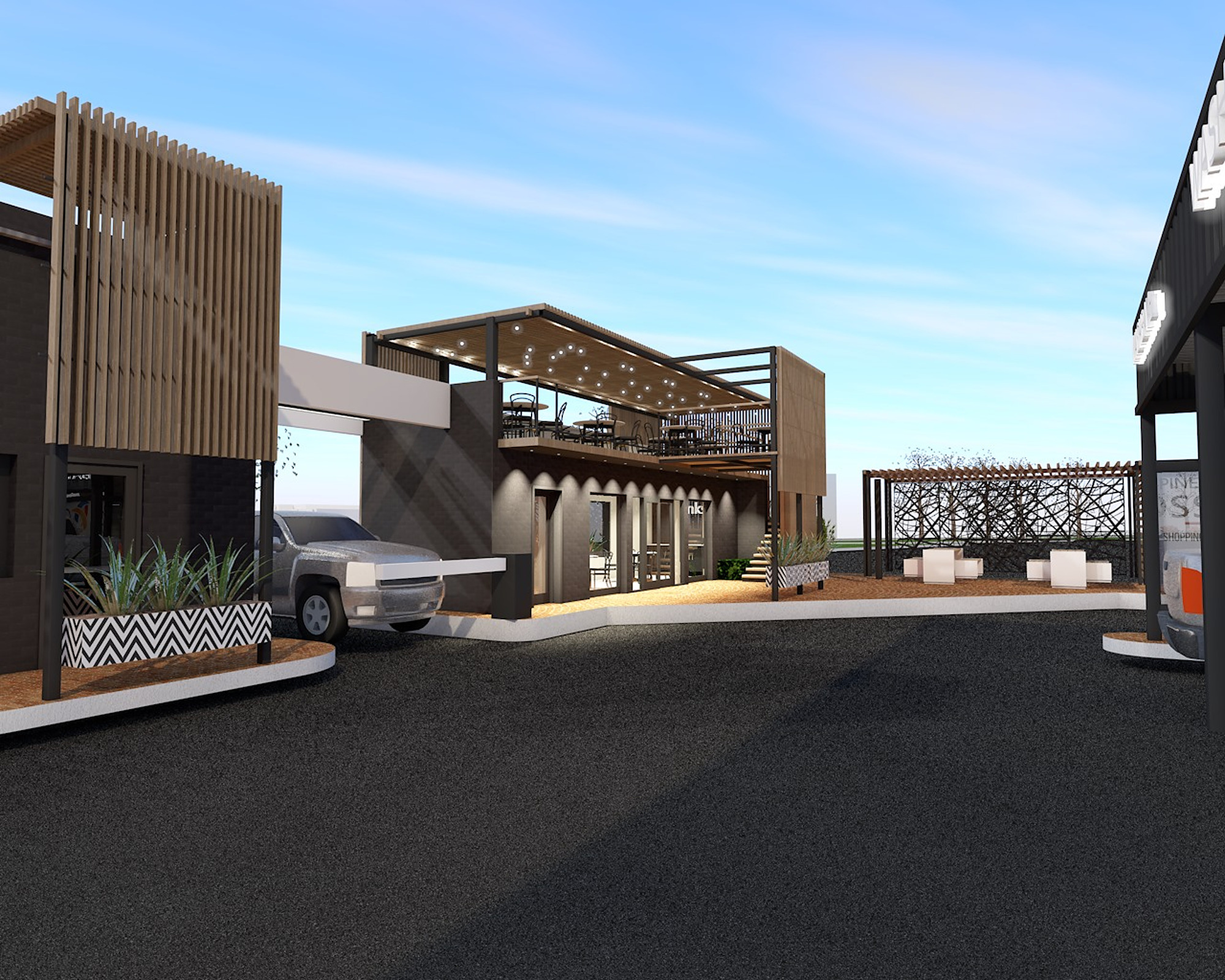 Artist's impression of a restaurant with a lit rooftop deck at The Pines Crossing