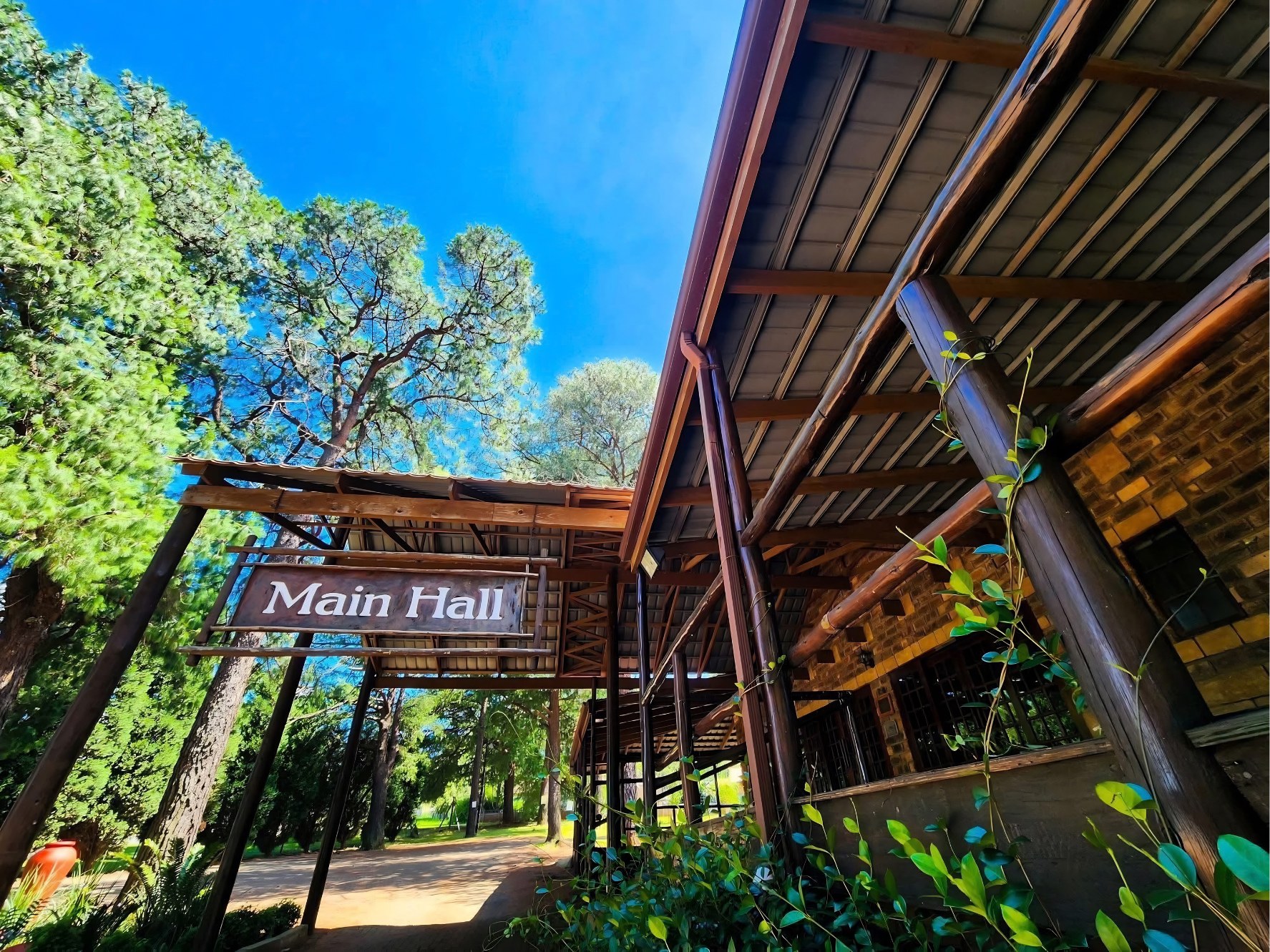 The Main Hall sign hanging from the timber veranda at The Pines, under tall pines