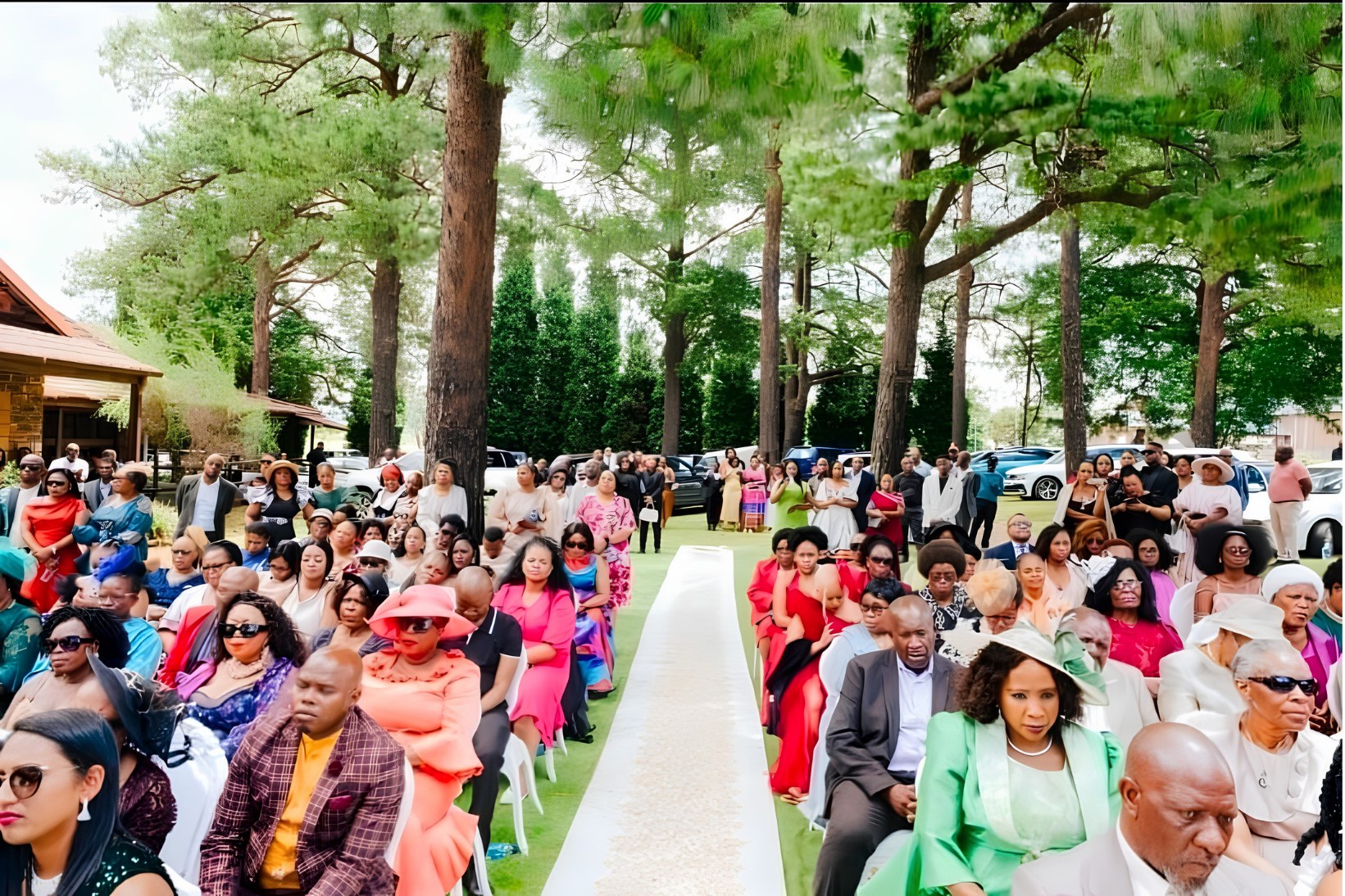 Wedding guests seated on the lawn either side of the aisle, under the tall pines at The Pines