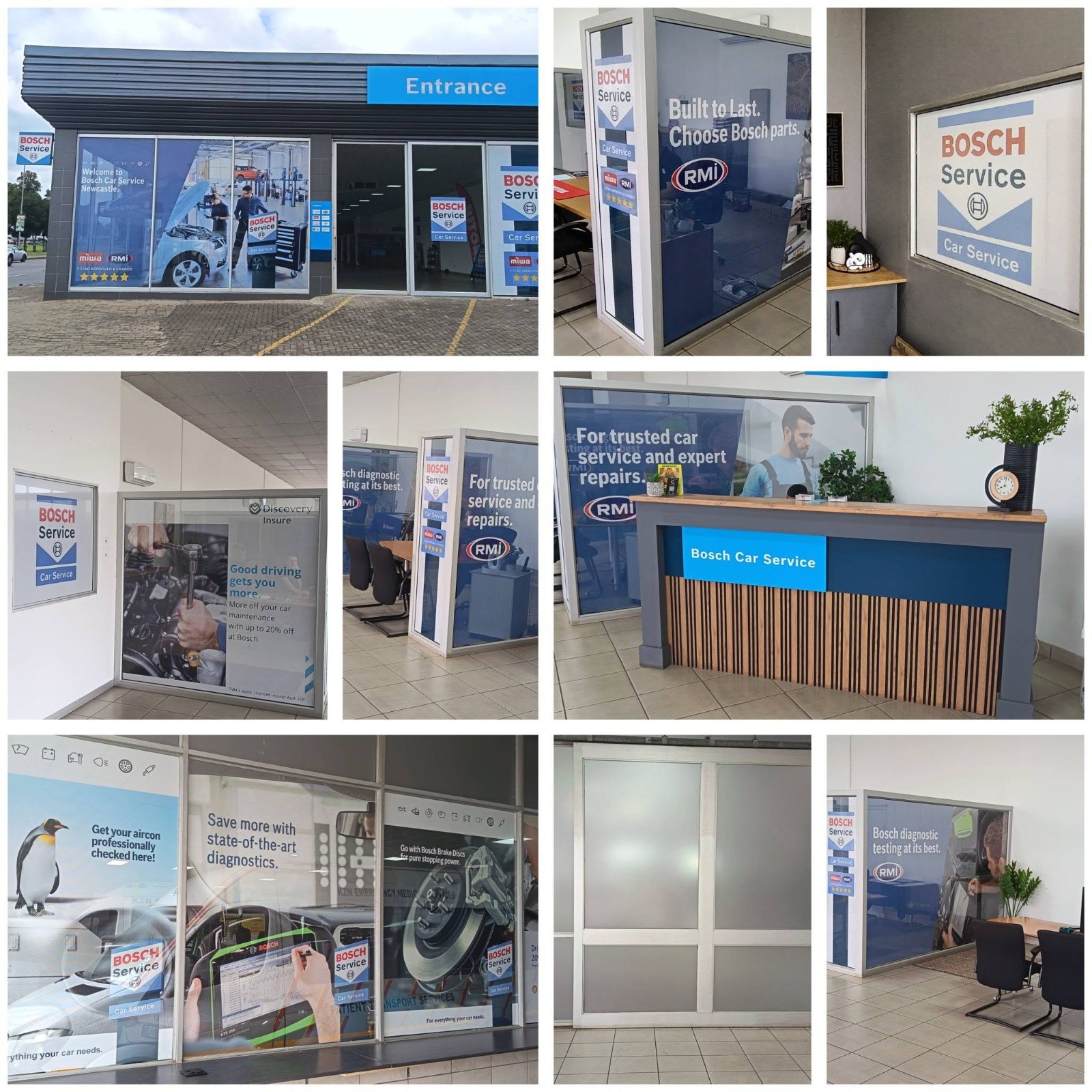Window graphics, wall signs and a reception counter branded by The Print Lab for Bosch Car Service Newcastle